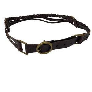 Jessica Simpson Brown Braided & Straps Leather Belt Brass Buckle Size Large